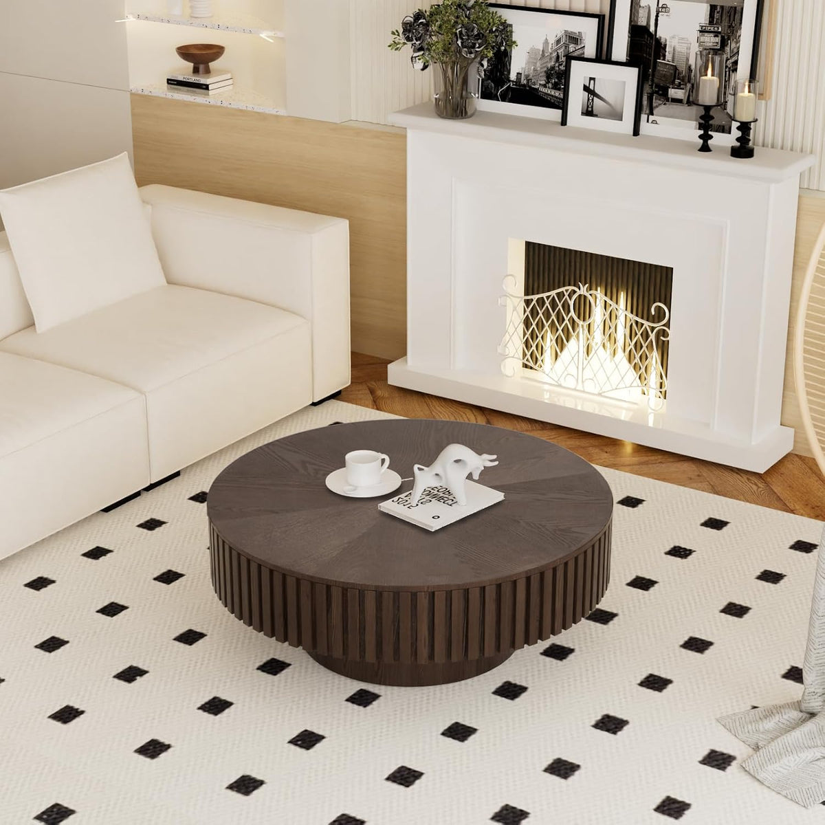 31" Brown Round Wood Fluted Drum Coffee Table with Storage (H, 1PC)