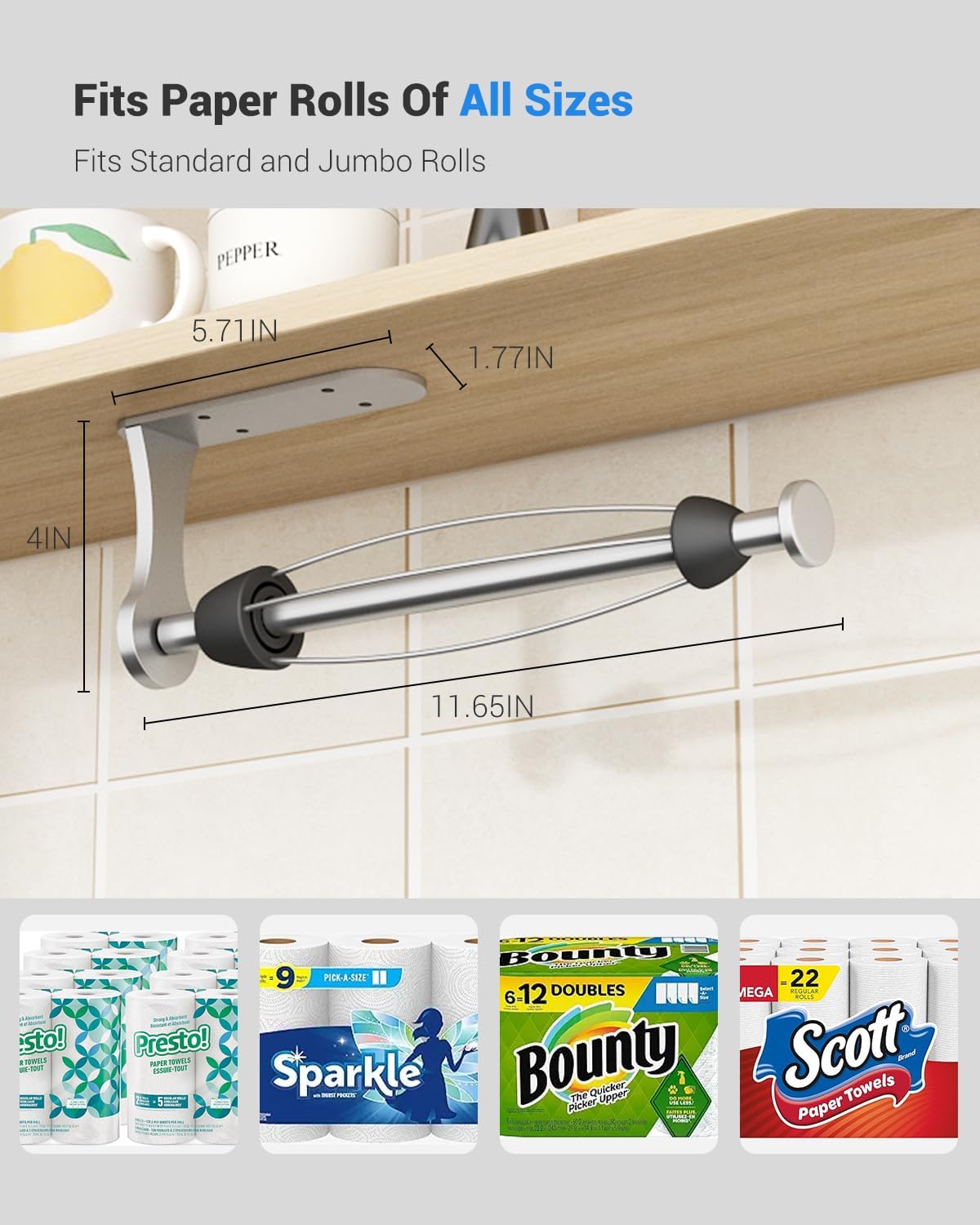Paper Towel Holder Under Cabinet, One-Handed Tear, Wall Mount, Adhesive, Silver, Paper Roll Holder with Ratchet Mechanism for Kitchen Bathroom Farmhouse Essentials Decor Accessories