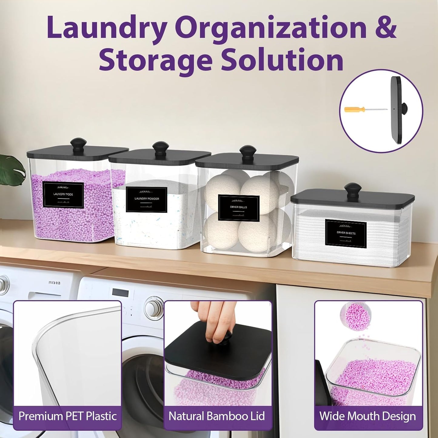 COAZEX 3+1 Pack Clear Laundry Pods Container & Dryer Sheet Holder, Plastic Square Laundry Room Organization and Storage Jars with Black Lids, Scoops & Labels for Detergent, Powder, Dryer Balls