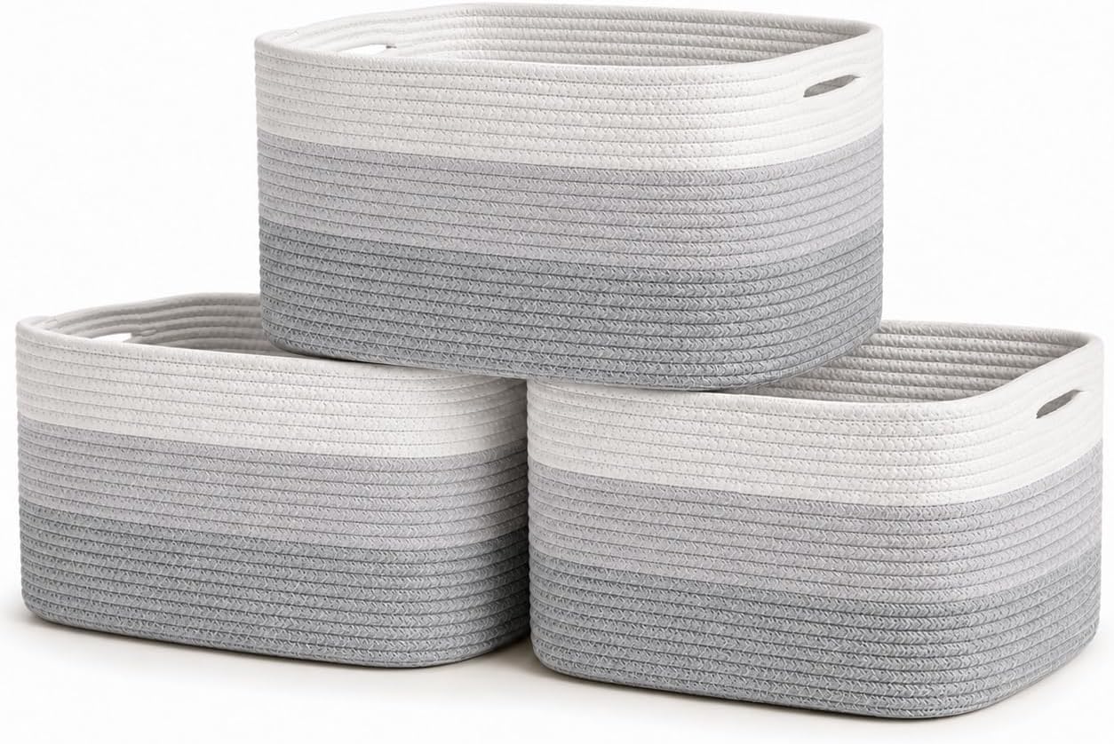 OrganiHaus Cotton Rope Baskets for Shelves, Set of 3, 15x9x10 | Handwoven; a toy bin and organizer for towels, books, or blankets; fits nursery, playroom, or bedroom decor
