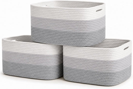 OrganiHaus Cotton Rope Baskets for Shelves, Set of 3, 15x9x10 | Handwoven; a toy bin and organizer for towels, books, or blankets; fits nursery, playroom, or bedroom decor