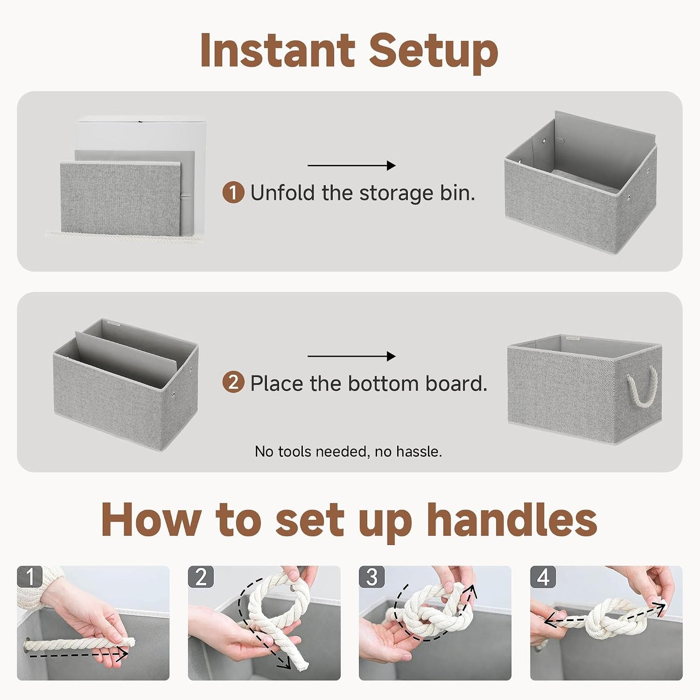 StorageWorks Storage Bins with Rope Handles, Gray, Extra Large, 3-Pack | Fabric Storage Bins for Shelves, Storage Baskets for Closet Organization, Organizer Bins for Clothes Storage