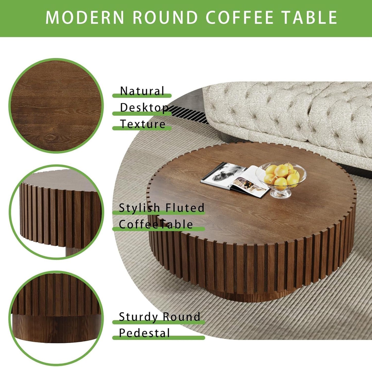 Artisan-Crafted Round Fluted Coffee Table (Walnut 31in) | Solid Wood Drum Base with Detailing, Handmade Circular Centerpiece for Living Room, Rustic Modern Home Decor