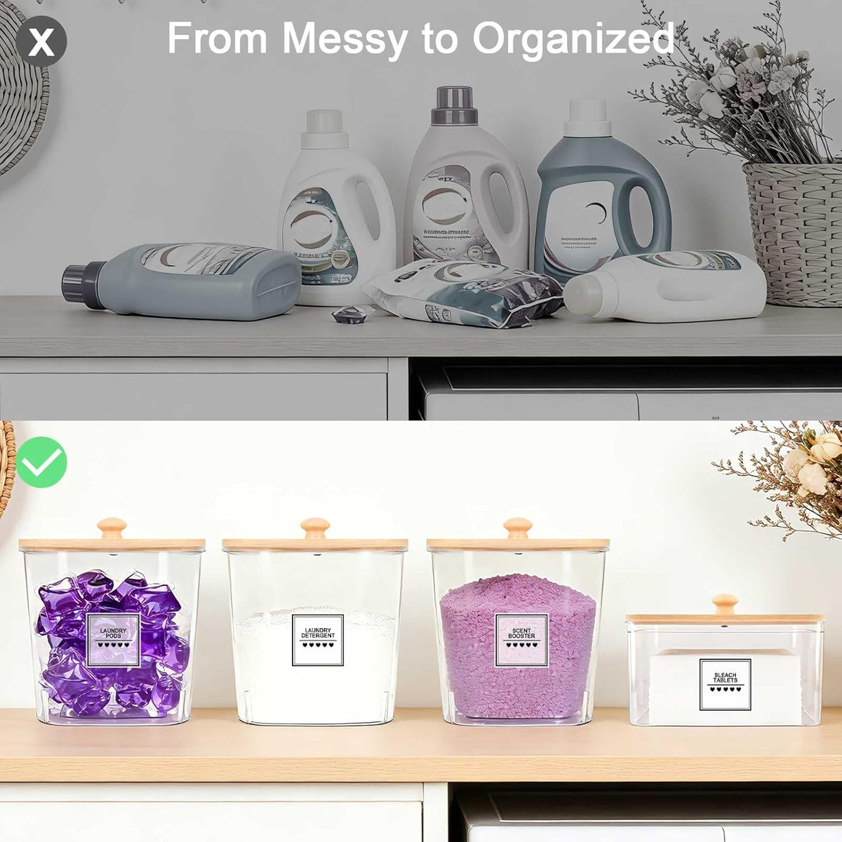 4 Pack Laundry Pods Container and Dryer Sheet Holder with Bamboo Lids, Laundry Room Organization Set with Labels and Scoops for Detergent Powder, Scent Booster Beads, 2600 +2000ml/0.53+0.7gal