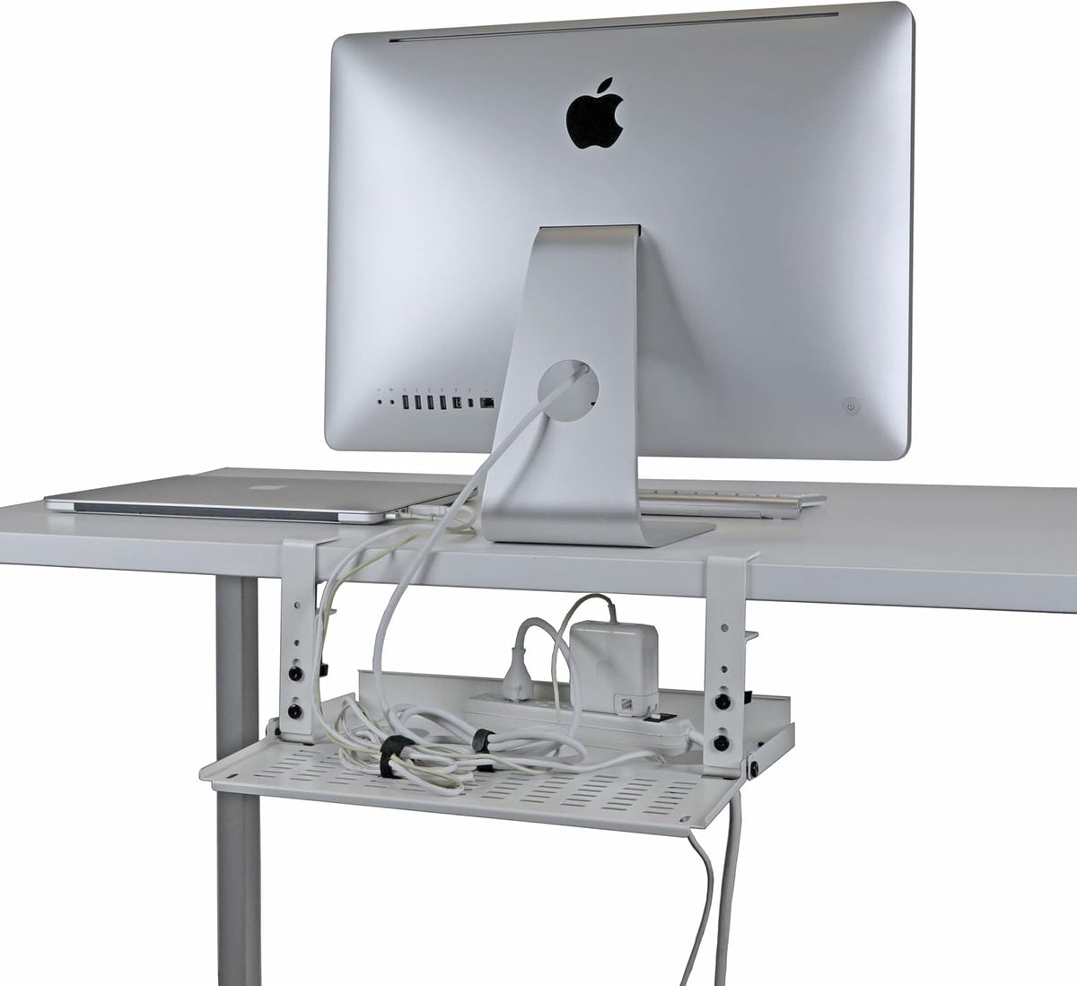 AEONS Universal Under Desk Cable Management Tray-Clamp Mount Hinged Swing Modesty Panel Organizer for Office Desks Easy Access Flip-Down position Power Strip Cord Storage No-Drill 25 lb Capacity White