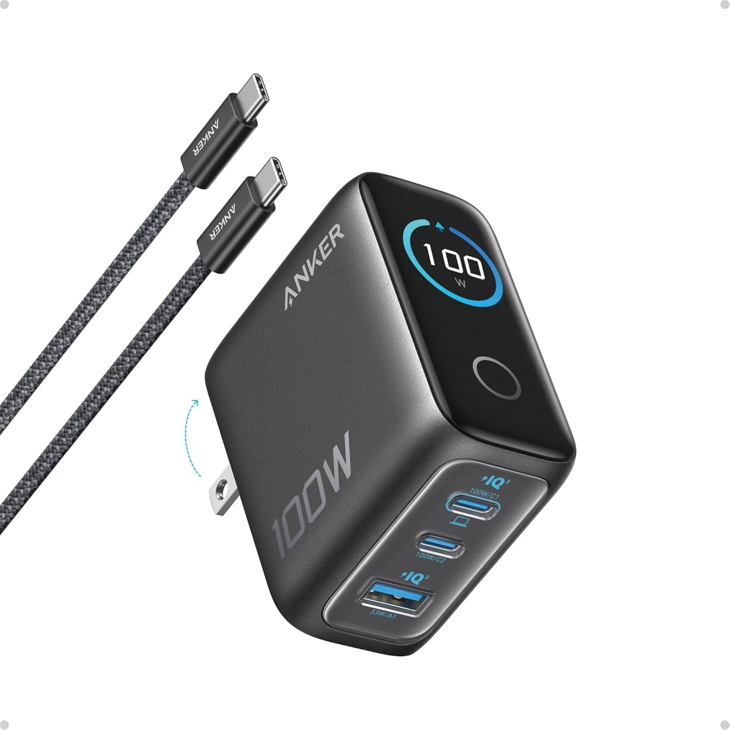 Anker Phone Charger,UP to 100W USB C Charger Block,Ultra-Compact 3-Port GaN Fast Wall Adapter with Smart Display and Touch Control for iPhone 17 Series,iPad,MacBook Pro/Air(Include Cable,Non-Battery)