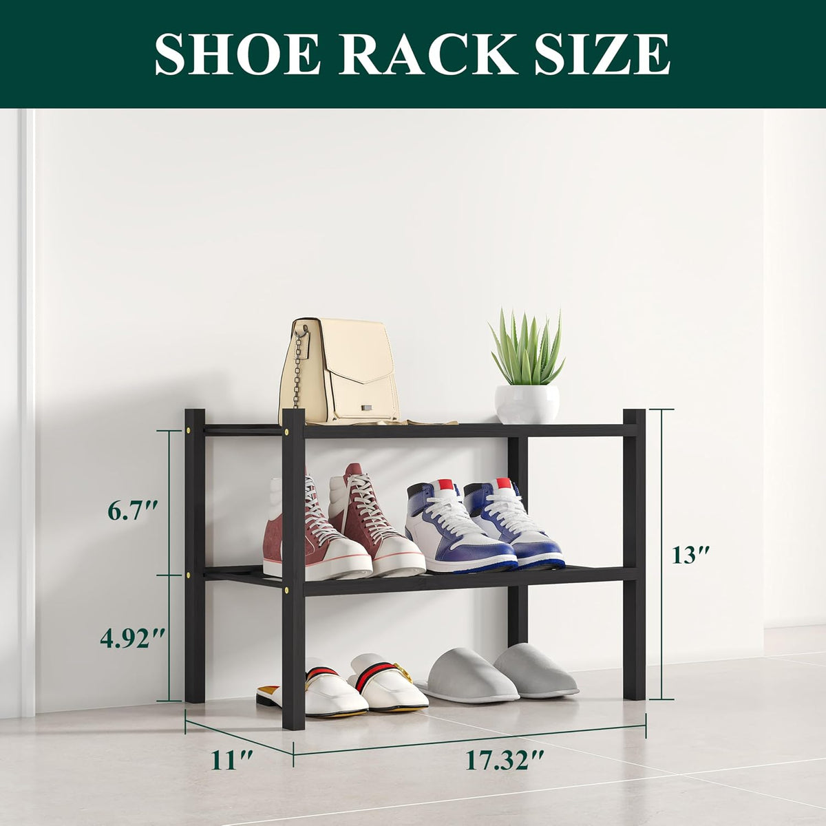 Smiry Bamboo Shoe Rack, 8 Vertical Slats, 2 Tier - 17.3" Wide, Black