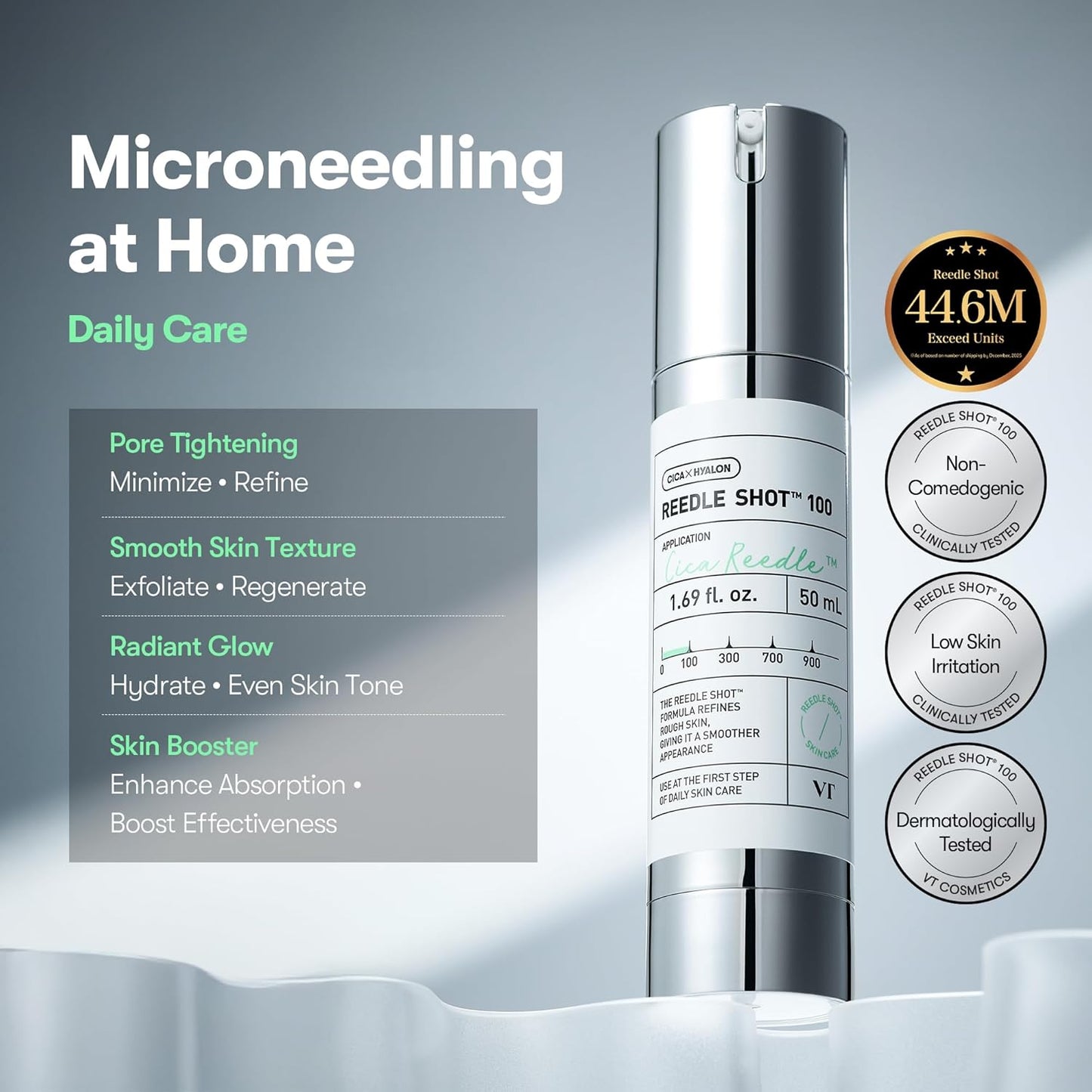 VT COSMETICS CICA Reedle Shot 100, Spicule Microneedling Serum for Pore Care & Exfoliation, Exosome, Centella Asiatica for Glass Skin, Skin Texture, Korean Liquid Skin Booster (1.69 Fl Oz / 50ml)