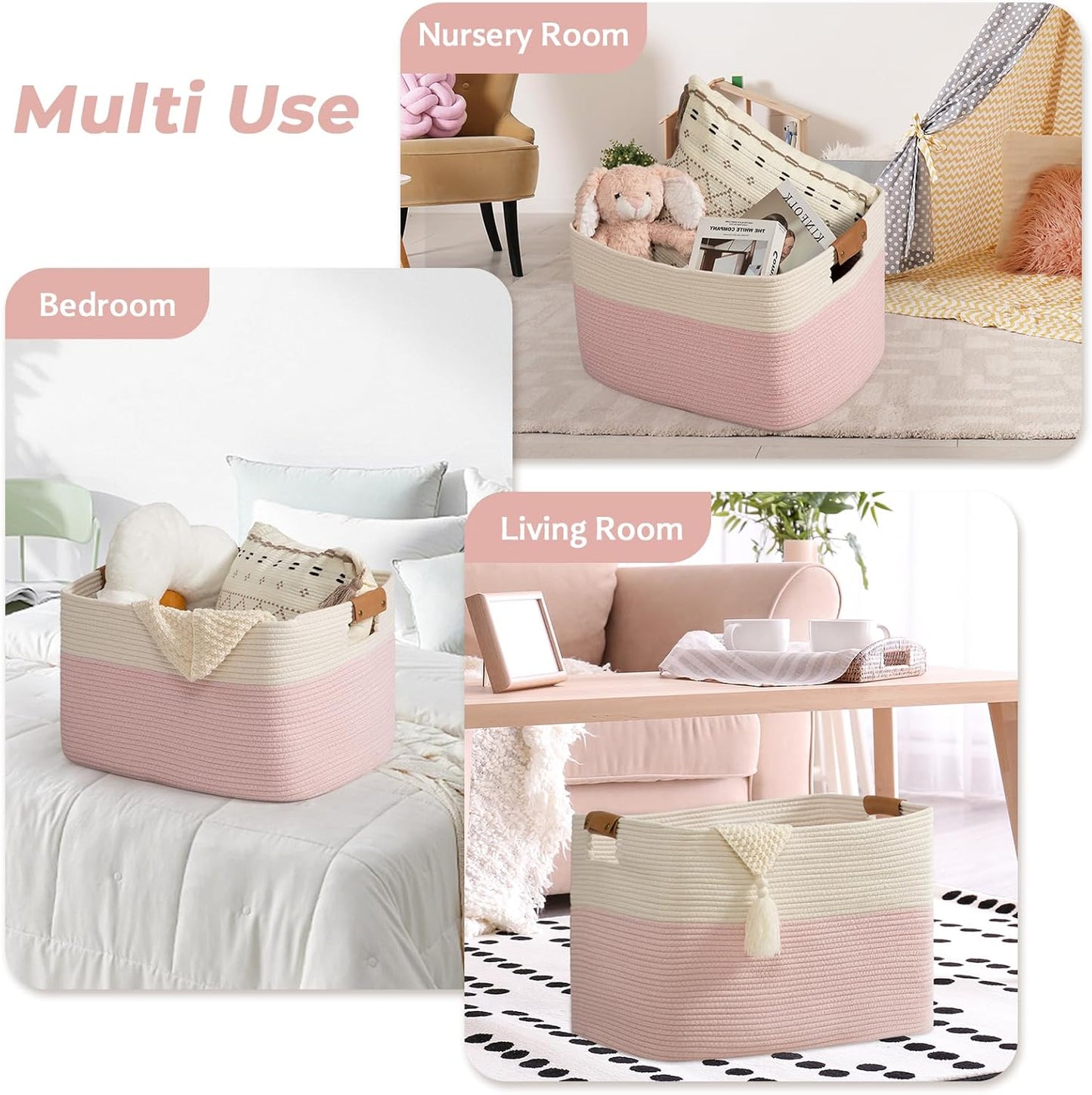 danpinera Large Woven Basket 25’’*16’’*16’’ Rectangle Woven Baskets for Storage, Storage for Living Room, Soft Cotton Rope Basket With Handle, Large Basket for Kids Dog Toys, 108L Pink+White