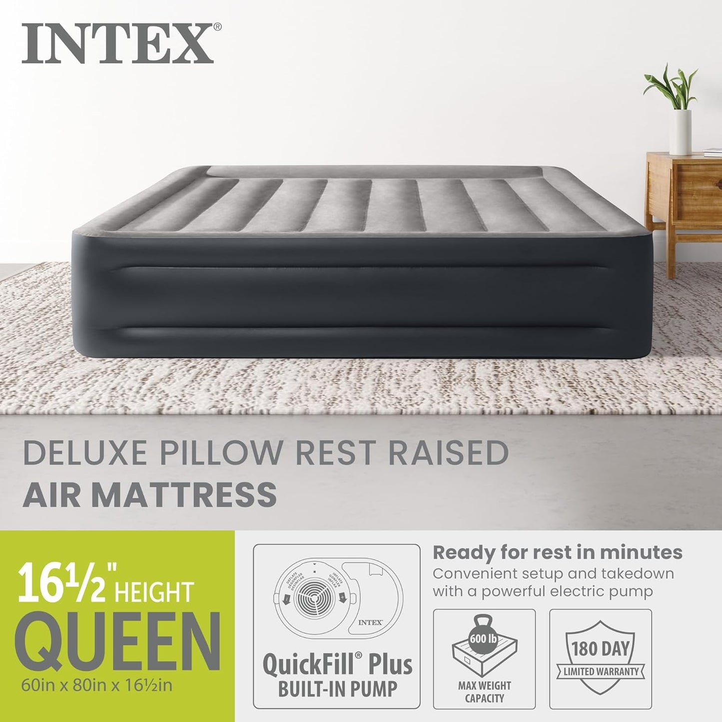 INTEX 64135ED Dura-Beam Plus Deluxe Pillow: Fiber-Tech – Queen Size – Built-in Electric Pump – 16.5in Bed Height – 600lb Weight Capacity