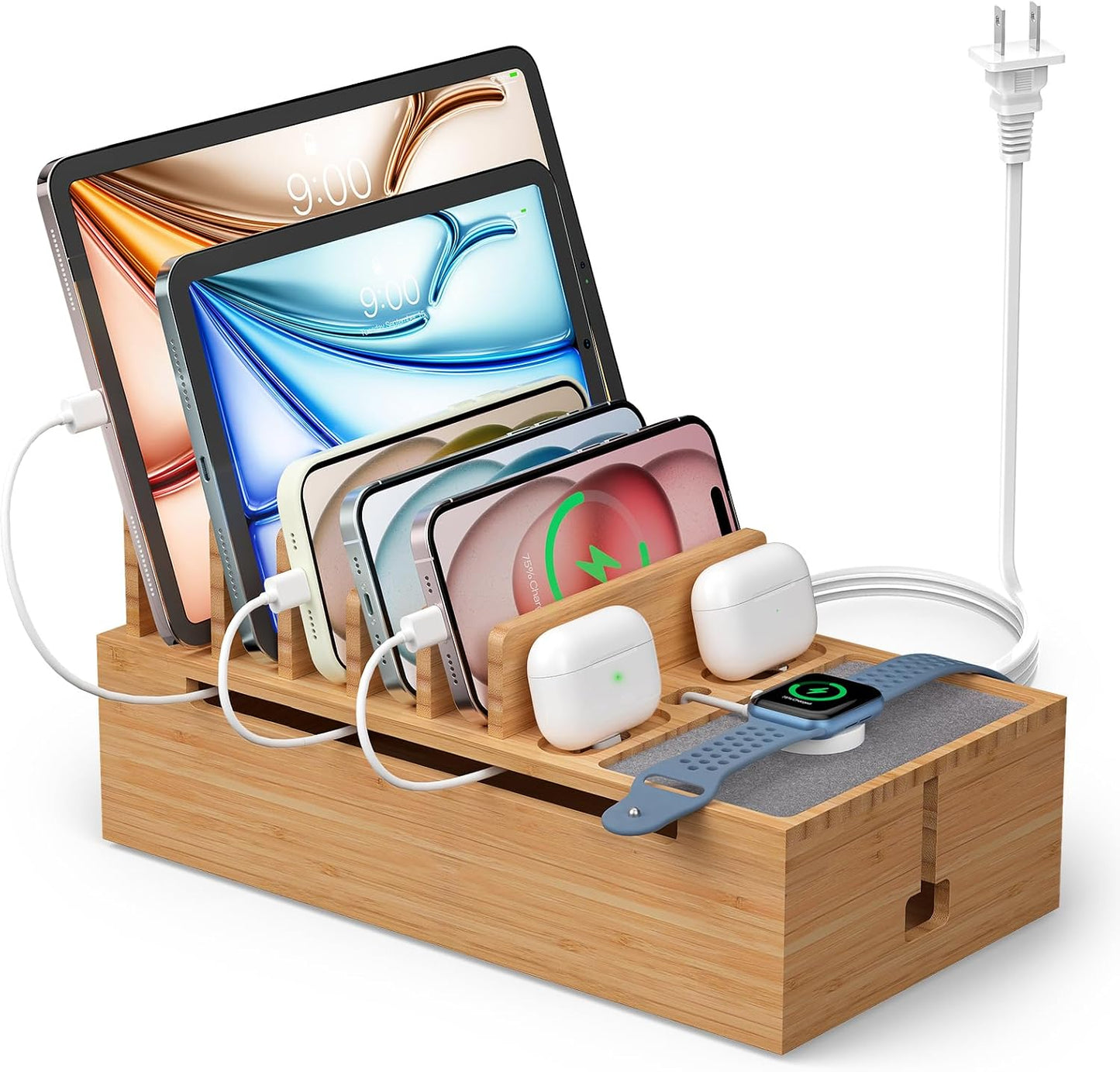 Pezin & Hulin Cell Phone Charging Station for Multi Devices-Natural Bamboo | All in One Desktop Charger Organizer, with Power USB Charge Adapter and 6 Cables, Use As Power Strip Hidden Box