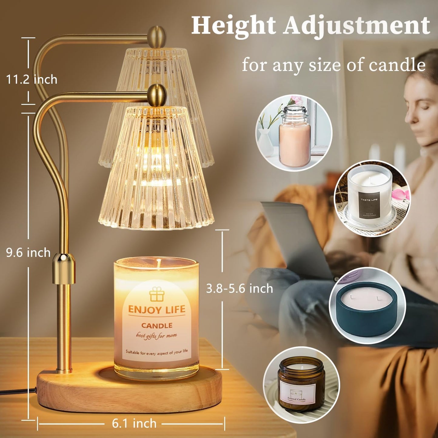 seenlast Candle Warmer Lamp with Timer Dimmer Adjustable Height for New Home Bedroom, Vintage Home Decor for Scented Jar