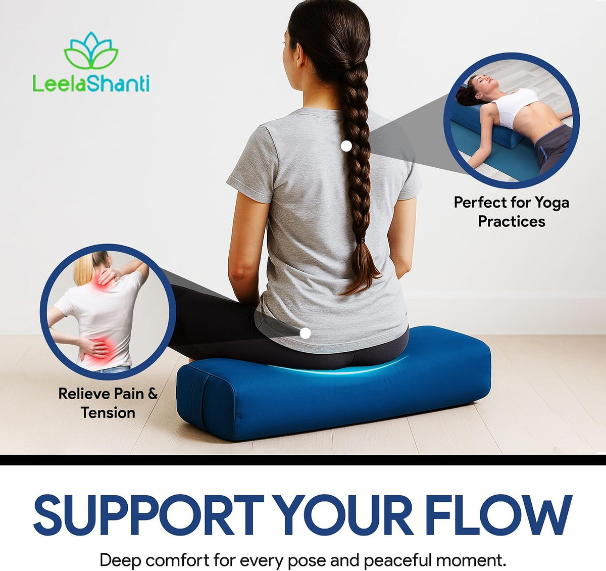 Rectangular Yoga Bolster Pillow for Meditation, Yoga & Back Support – Soft Meditation Cushion with Removable Hand Wash Cotton Cover & Carry Handle (Blue)