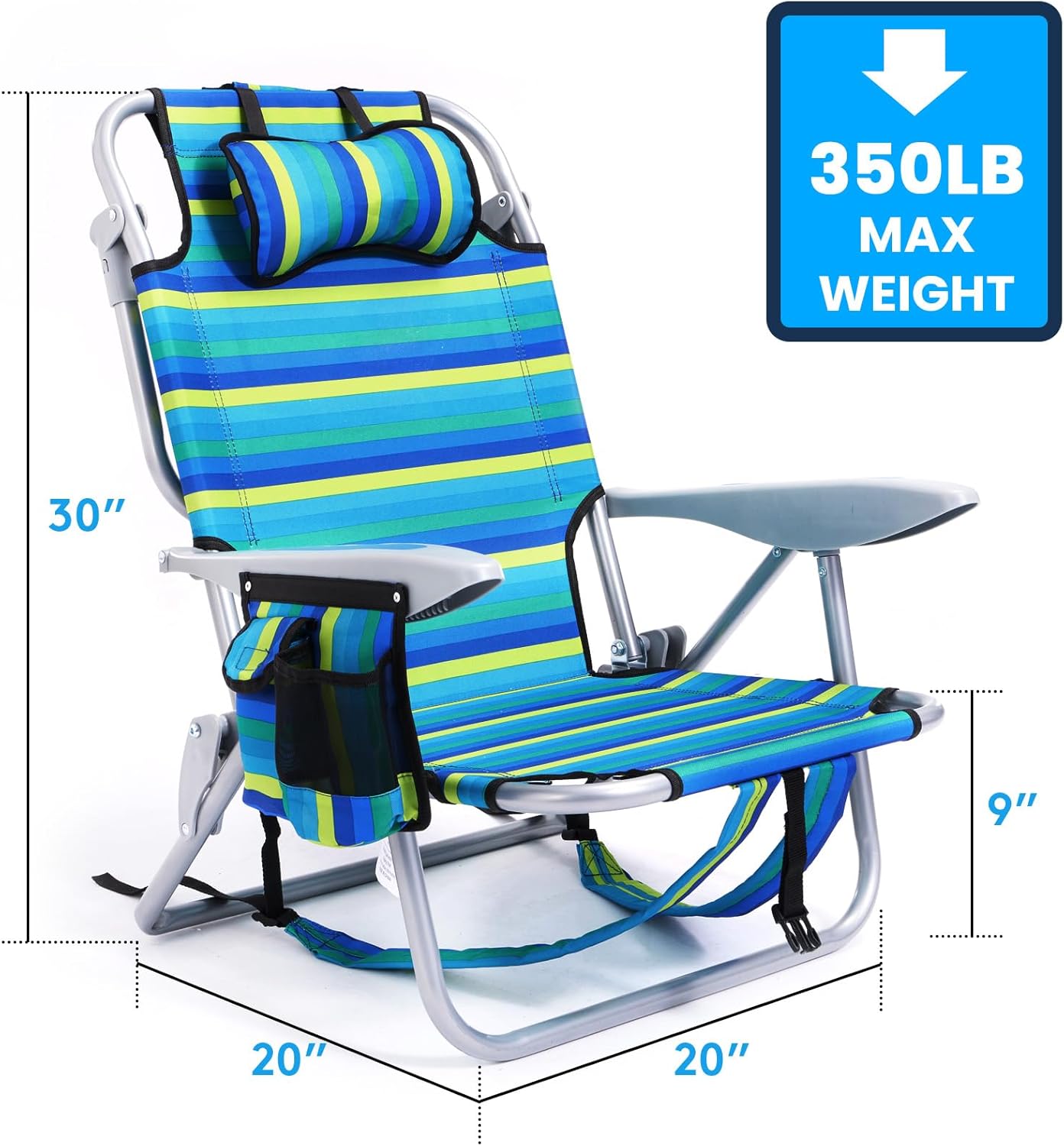 Portable Beach Chair for Adults, Outdoor Camping Chair Lay Flat Folding Backpack Beach Reclining Chair with 5 Positions, Headrest, Cup Holder, Heavy Ocean Striped
