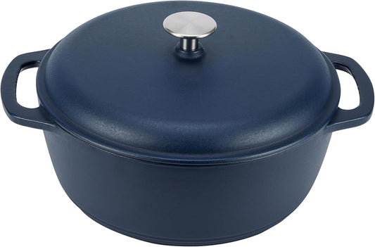 Amazon Basics Enameled Cast Iron Dutch Oven Pot with Lid, Dual Handles, Heavy-Duty, Oven Safe, Round, 6-Quart, Matte Navy