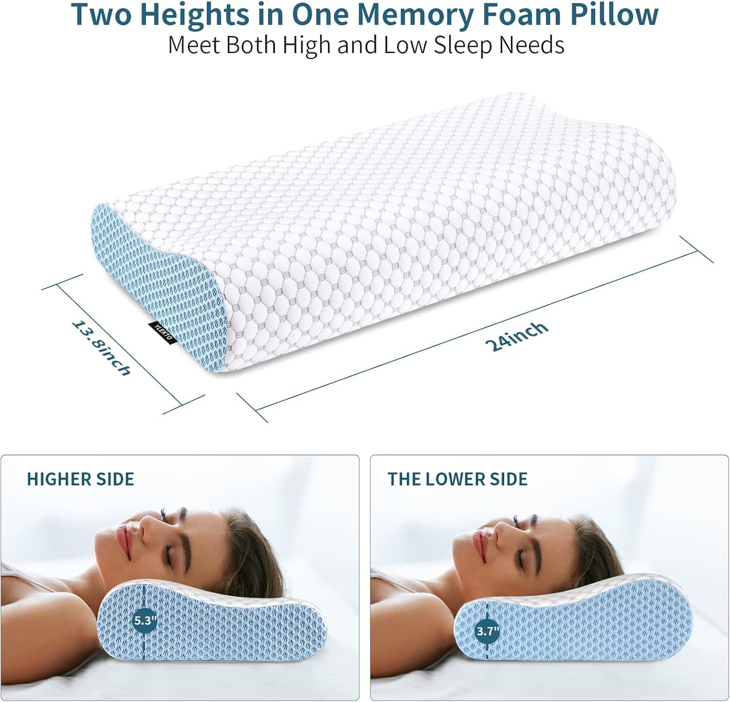 Cervical Neck Pillow for Pain Relief - Ergonomic Contour Memory Foam Pillows, Cooling Side Sleeper Pillow for Sleeping, Orthopedic Bed Pillow for Back Stomach Sleepers with Pillowcase(White & Blue)