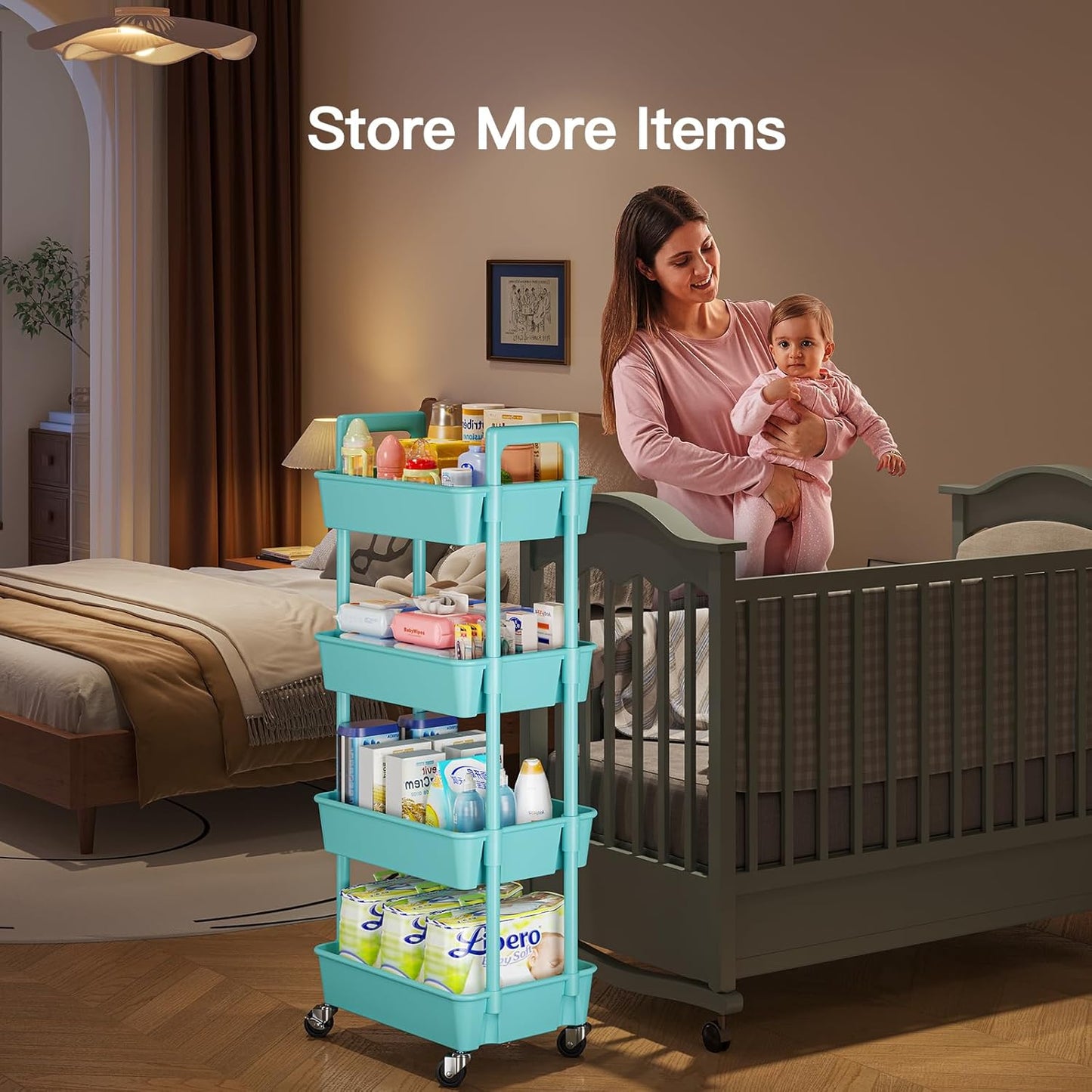 Pipishell 4 Tier Rolling Cart Organizer, Plastic Rolling Cart with Lockable Wheels & Reinforced Handle, Lightweight Utility Storage Cart for Nursery, Kitchen, Craft Room, Turquoise