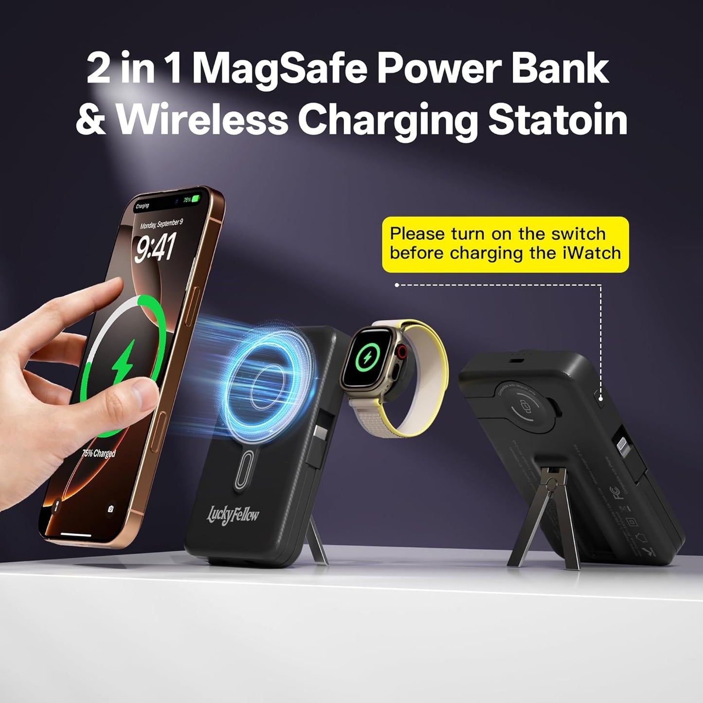 Magnetic Portable Charger Built-in Cables,10000mAh Fast Charging Wireless Charger Station External Battery Pack Slim Pocket Size Power Bank with Stand Compatible with iWatch, iPhone