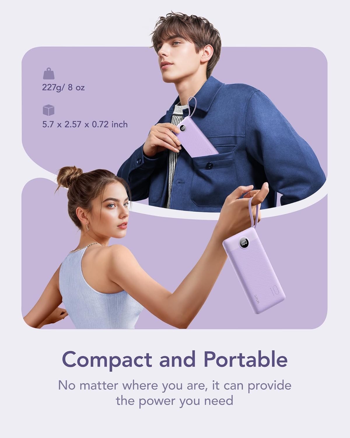 VRURC Portable Charger Power Bank, USB C Battery Pack 10000mAh, Flight-Safe Travel Essentials, 5 Outputs 2 Inputs Slim Phone Charging Bank Built-in Cables for Multi Devices-Lavender(1 Pack)