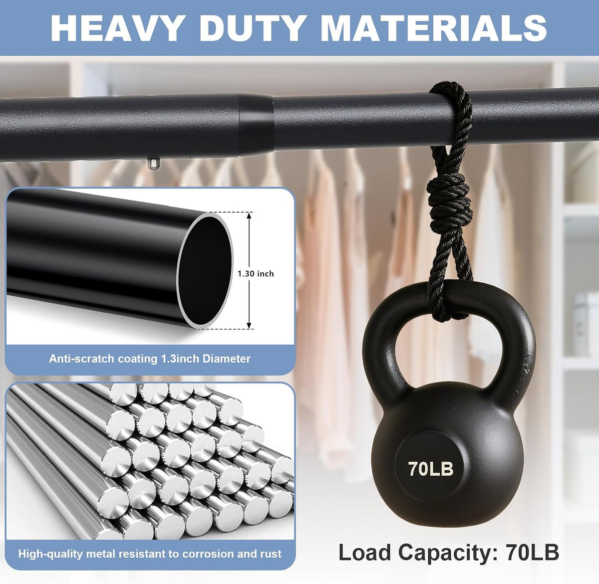 Closet Rods For Hanging Clothes,17-39 Inches Stepless Spring Adjustable Closet Rod With bracket U-shaped,1.3 Inches Heavy Duty Closet Hanging Rod For Wardrobe,Laundry room,Bathroom And Windows