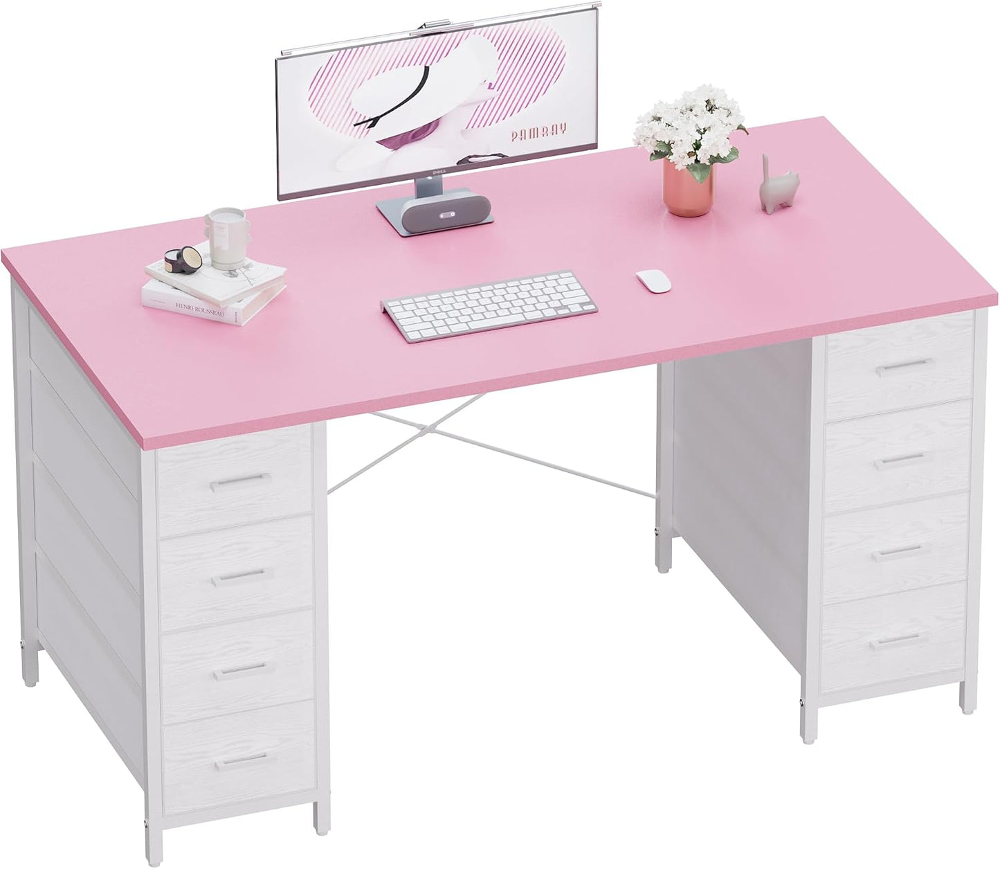 Pamray 47 Inch Computer Desk with 8 Fabric Drawers PC Gaming Desk Home Office Study Work Writing Table for Bedroom Pink