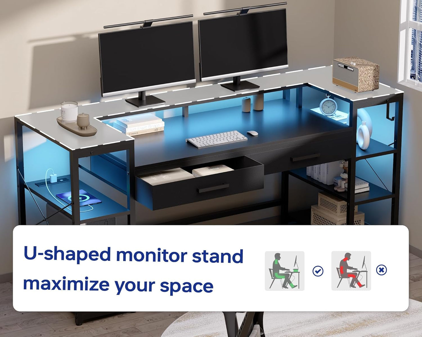 Pamray 58 Inch Computer Desk with Monitor Stand and Shelves Gaming Desk with LED Lights & Power Outlets PC Vanity Table with 2 Drawers for Home Office Vintage