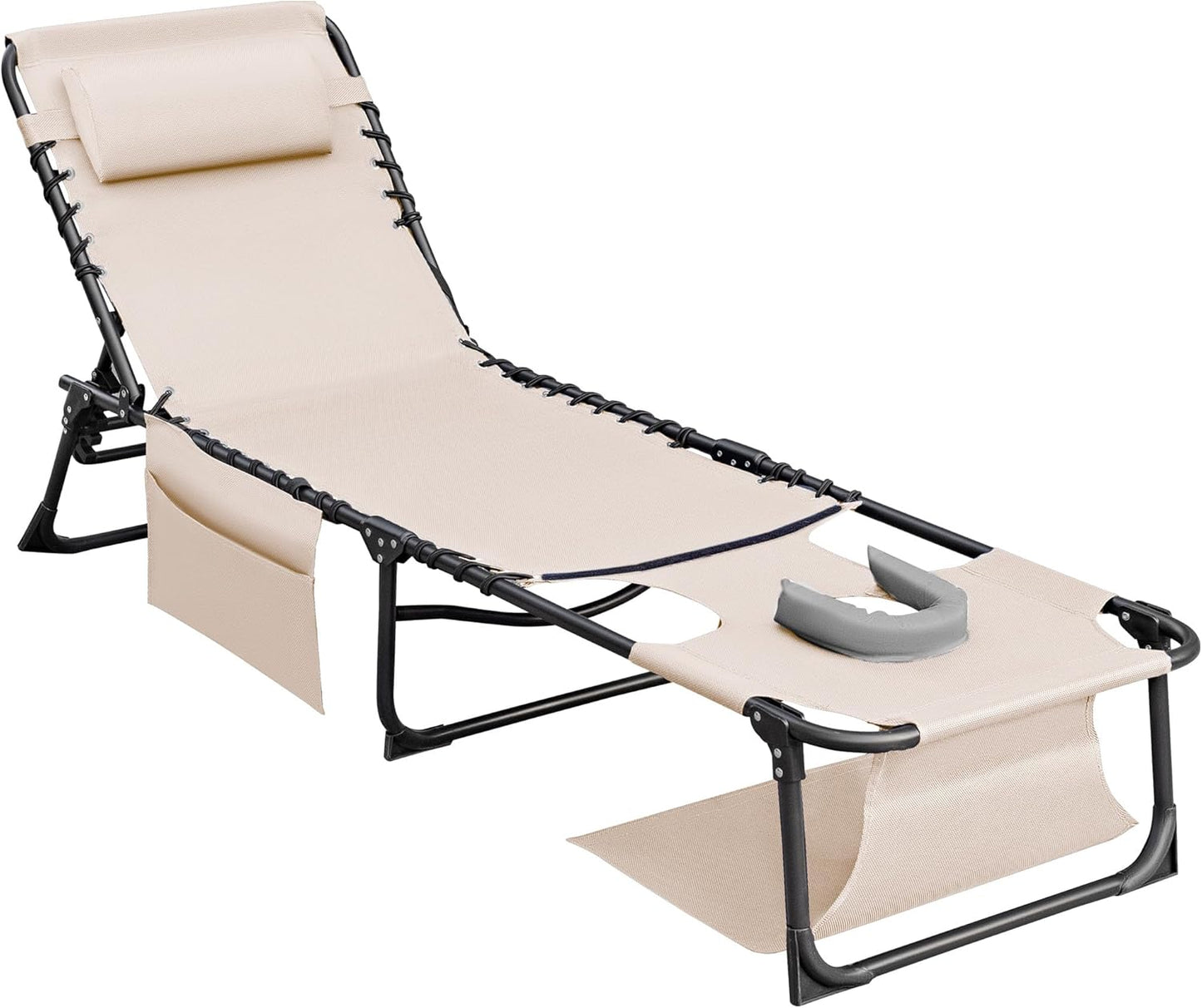 Flamaker Face Down Chaise Lounge Chair 5-Position Adjustable Sunbathing, Foldable Tanning Chair with Face& Arm Holes, Outdoor Recliner Chair for Pool, Beach, Patio, Lawn (Beige, 1 Pcs)