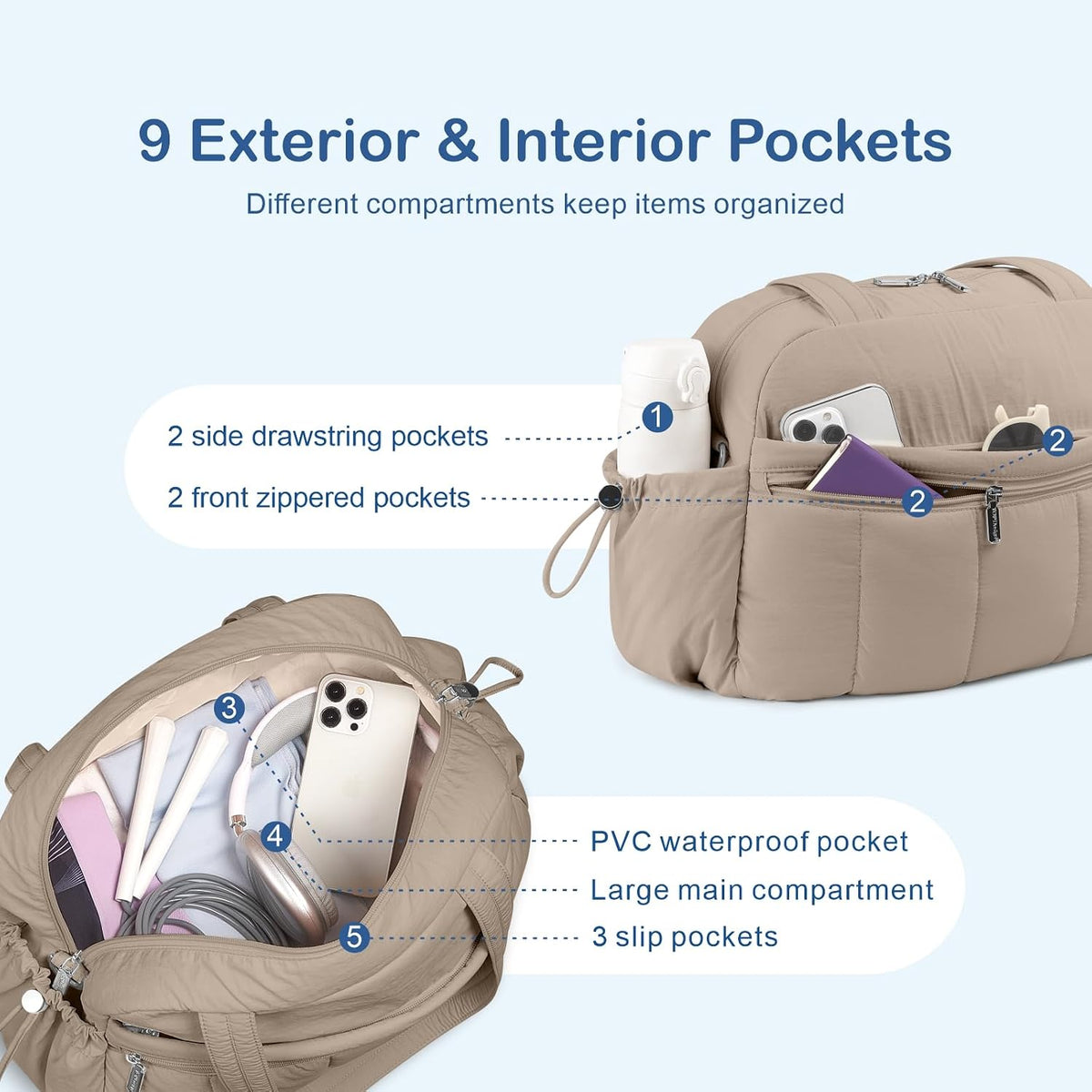 TOPDesign Travel Duffel Bag, Puffy Carry On Overnight, Gym Bag w/Wet Pocket