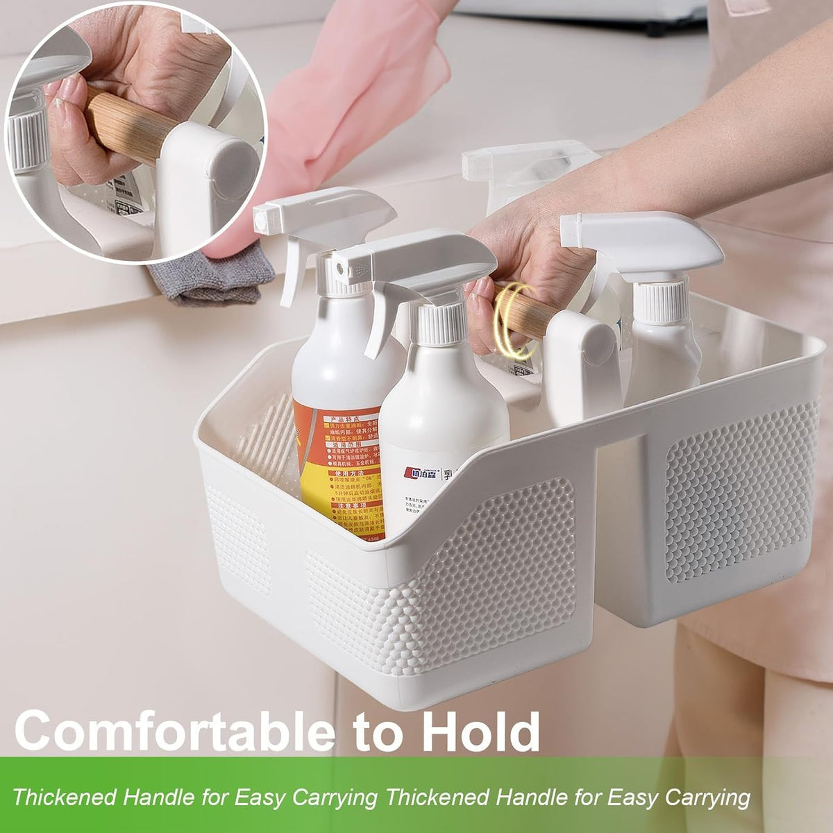 rejomiik Shower Caddy Portable with Bamboo Handle, Plastic Basket Cleaning Caddy Organizer Storage Tote for Bathroom, College, Dorm Room Essentials, White
