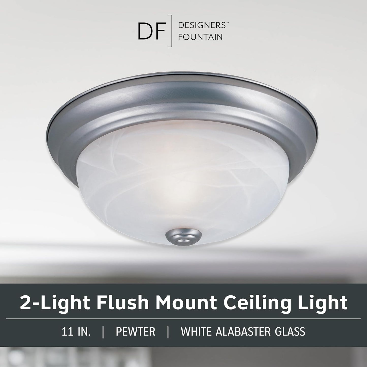 DESIGNERS FOUNTAIN Reedley 2-Lights Flush Mount Ceiling Light, 11 Inch Lighting Fixture for Kitchen, Bedroom, Bathroom, and Hallway, White Alabaster Glass, Pewter, 1257S-PW-AL
