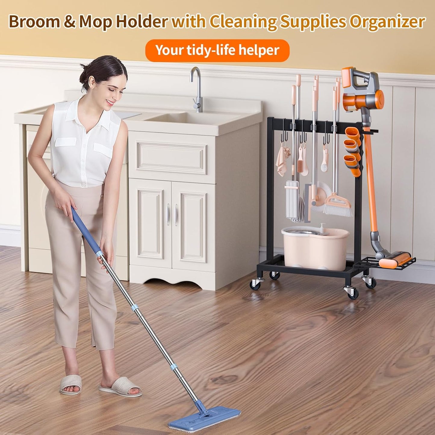 Broom Holder with Cleaning Supplies Organizer Load 160 LBS Cleaning Cart with Wheels Broom Closet Storage with 6 Mop Hanger Grippers, 3 Double-Hooks, Vacuum Stand for Laundry Garage Organization