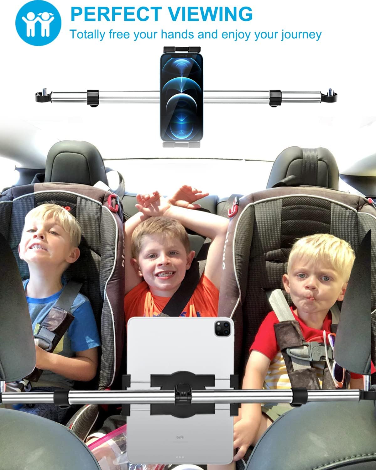 Car Headrest Tablet Holder Mount - [Anti Shake & Stretchable] Tablet Holder Back Seat for Car Between Kids Stand, for iPad Pro Air Mini, Galaxy Tab, Kindle Fire, Switch, iPhone, 4.7-13" Devices