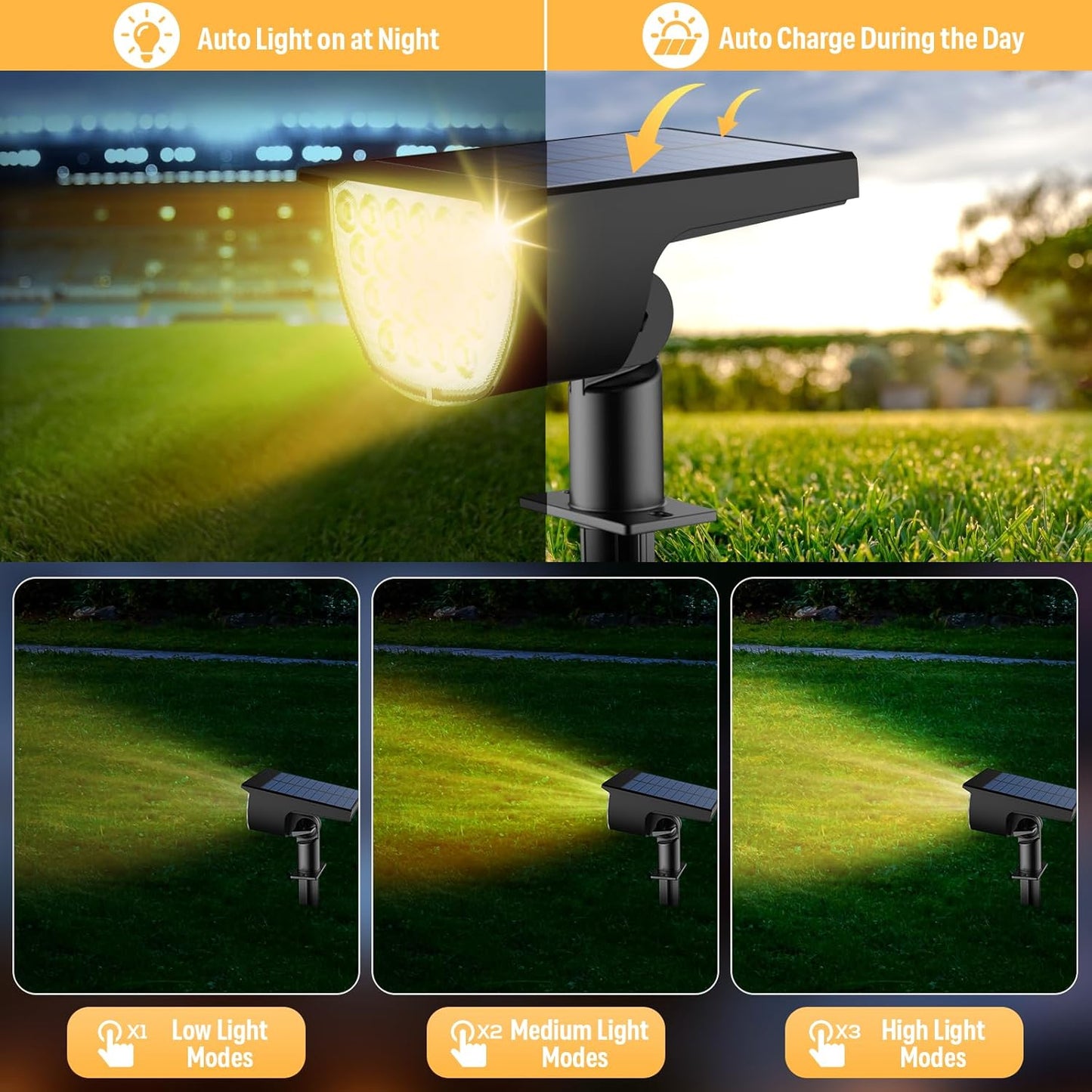 GKGG Solar Lights Outdoor Waterproof IP65, Solar Powered 76 LED 3 Lighting Modes Solar Spot Lights Outdoor for Yard Garden Landscape Pathway (Warm White, 4 Pack)