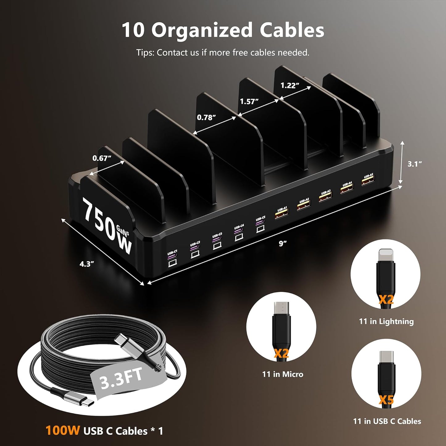 750W Charging Station for Multiple Devices, Zobirez 10-Port Fast Charger, 5 USB-C 120W Each and 5 USB-A 30W Each, Desktop Charging Hub for Laptop Phone Tablet, Black