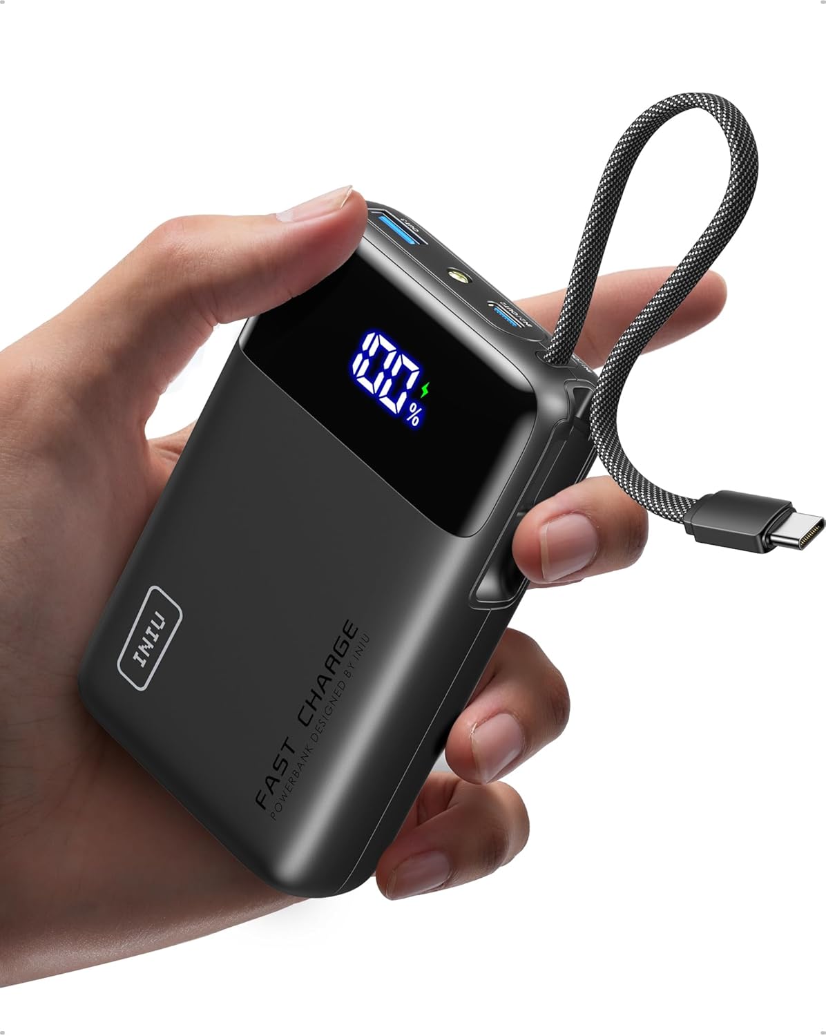 INIU 20000mAh Power Bank, Small 45W PD Fast Charging Portable Charger with Built-in USB C Cable, Flight-Safe Travel External Phone Battery Pack for iPhone 17 Pro Max Samsung S26 iPad etc, Black