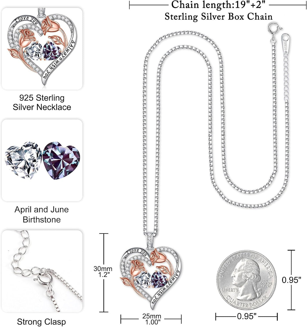 Iefil Birthstone Necklace for Women - Rose Heart Necklace