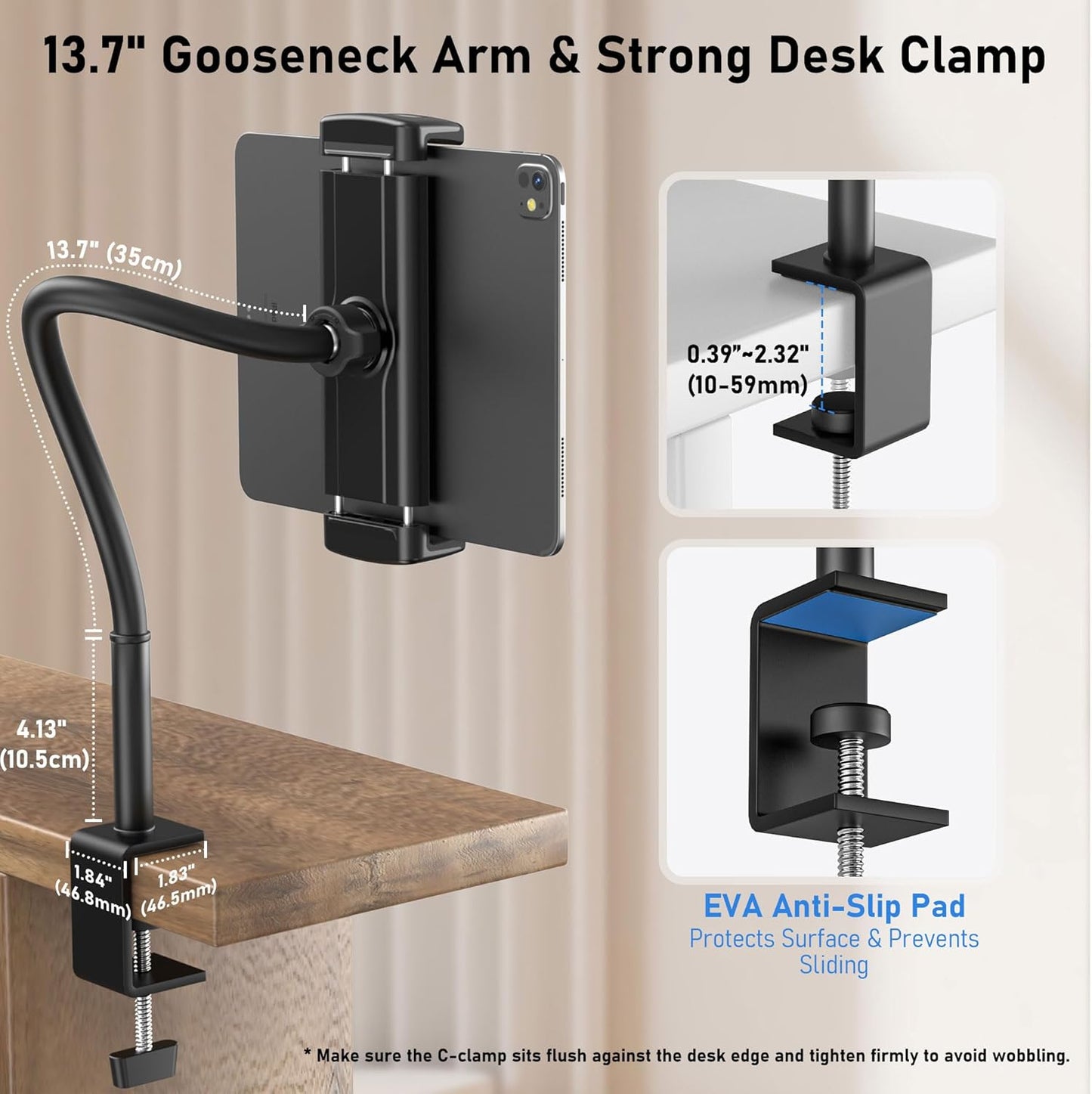 Tablet Stand for Desk, Gooseneck iPad Holder Clamp Mount, 360° Adjustable Arm Mount for iPad Pro/Air/Mini, Kindle Fire, Galaxy Tabs, 4.7"-13.5" Tablets, for Kitchen, Work, Video Call, Bed