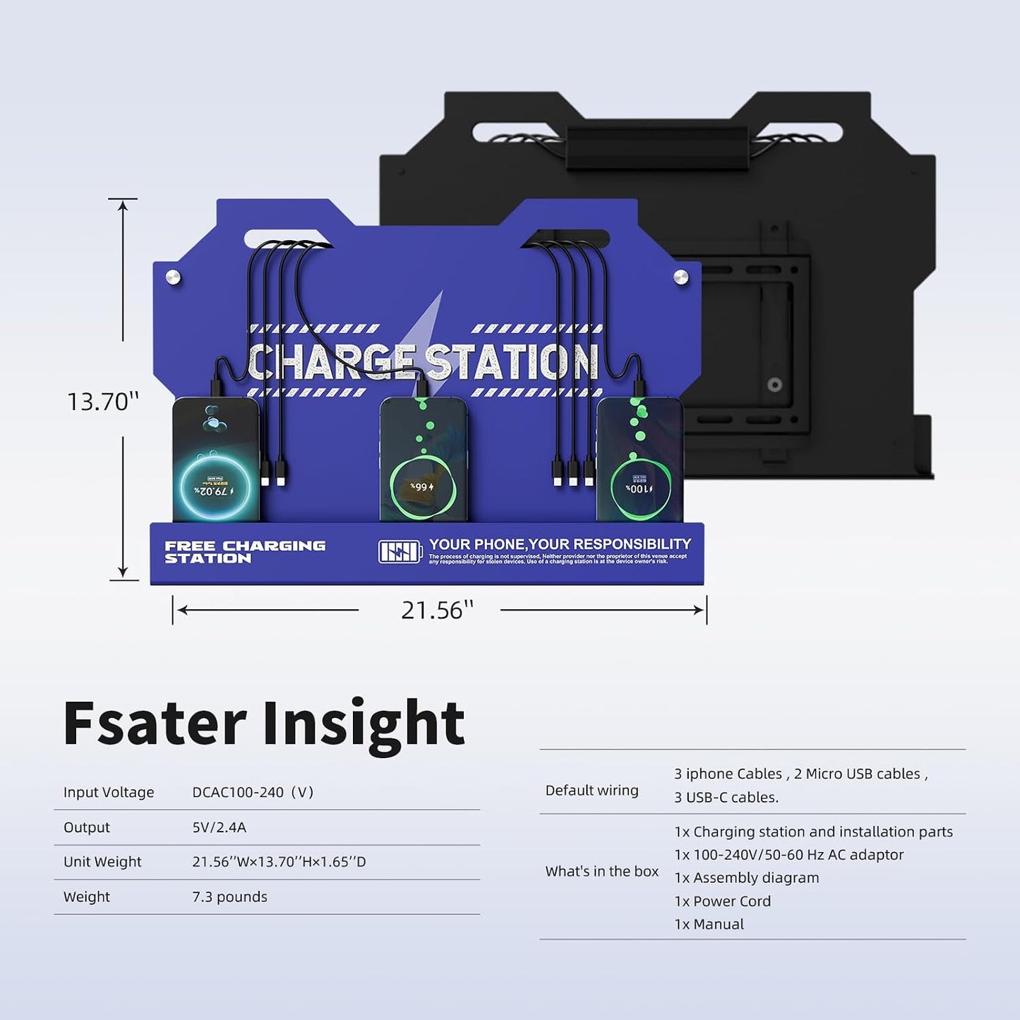 Mechanical Type Wall Mounted Charging Station with 8 PortHigh Speed Cables - Universal Dock for Apple, Type-C & Android Devices, Perfect for Airports, Hotels, Offices, School (Blue)