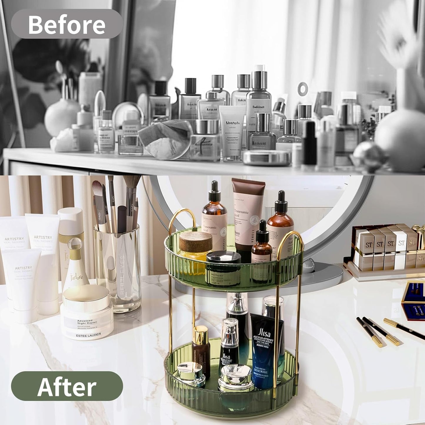 Asayuee 360 Rotating Makeup Organizer for Vanity,2 Tier Large Capacity Skincare Organizers,Bathroom Counter Organizer, Spinning Perfume Organizer & Vanity Organizer (Green-2 Tier)
