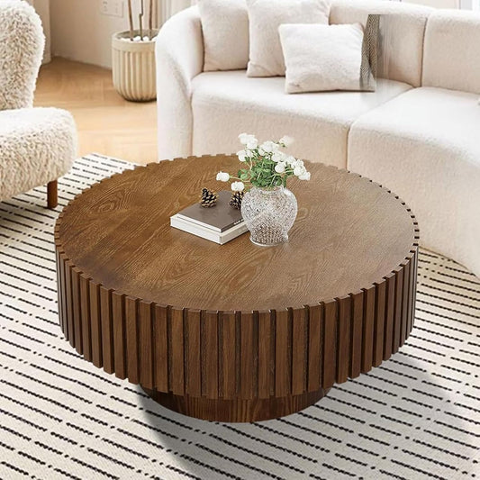 31.5" Round Drum Fluted Coffee Table (H) | Mid-Century Modern, Easy Assembly, Sturdy Pedestal, Center Tables for Apartment Living Room