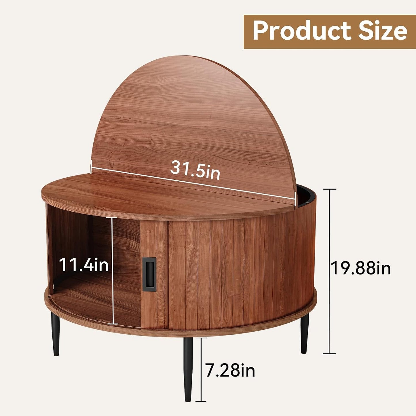 ARTPOWER 31.5" Round Coffee Table with Storage Mid Century Brown Walnut | Easy Assembly,Solid Walnut,Heavy Duty,Flip Top Storage,Fluted Tambour Door,Water&Scratch Resistant Easy Clean,110lbs Capacity