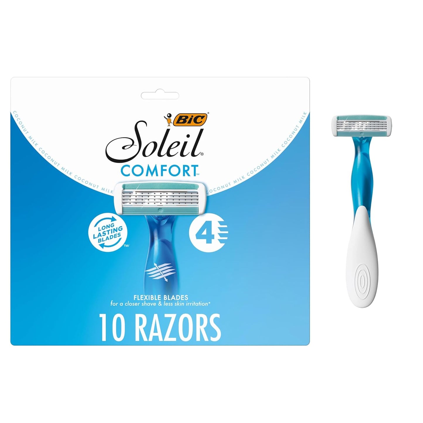 BIC Soleil 4 Women's Disposable 4-Blade Razors, Flexible Pivoting Head, Non-Slip Grip, College Dorm Room Essential, Shower Caddy and Toiletry Bag Ready, 10-Pack