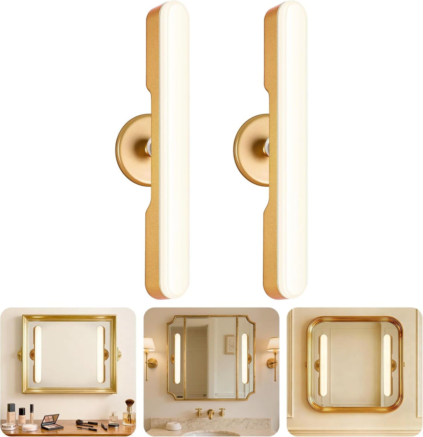 cambk Set of 2 Wireless Vanity Makeup Lights for Mirror, Rechargeable LED Stick On Light Bar for Bathroom Mirror with Dimmable 3 CCT, Long Battery Life Cordless Light for Vanity Desk(Gold)