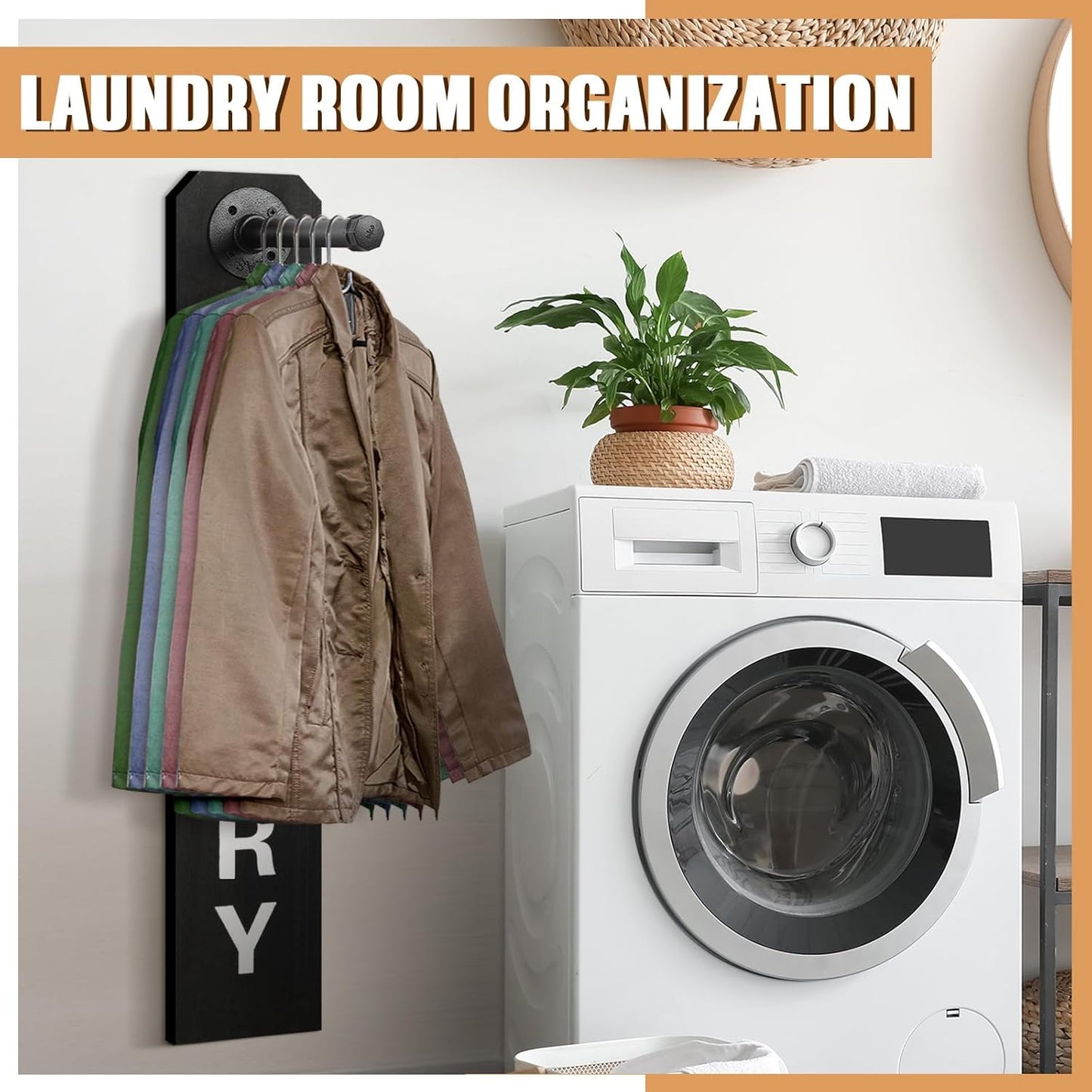 MorningRo Laundry Room Sign Decor Drying Rack Organization Laundry Room Wall Mounted Hanger Rack Farmhouse Swing Arm Rods Clothes Hooks(Black)