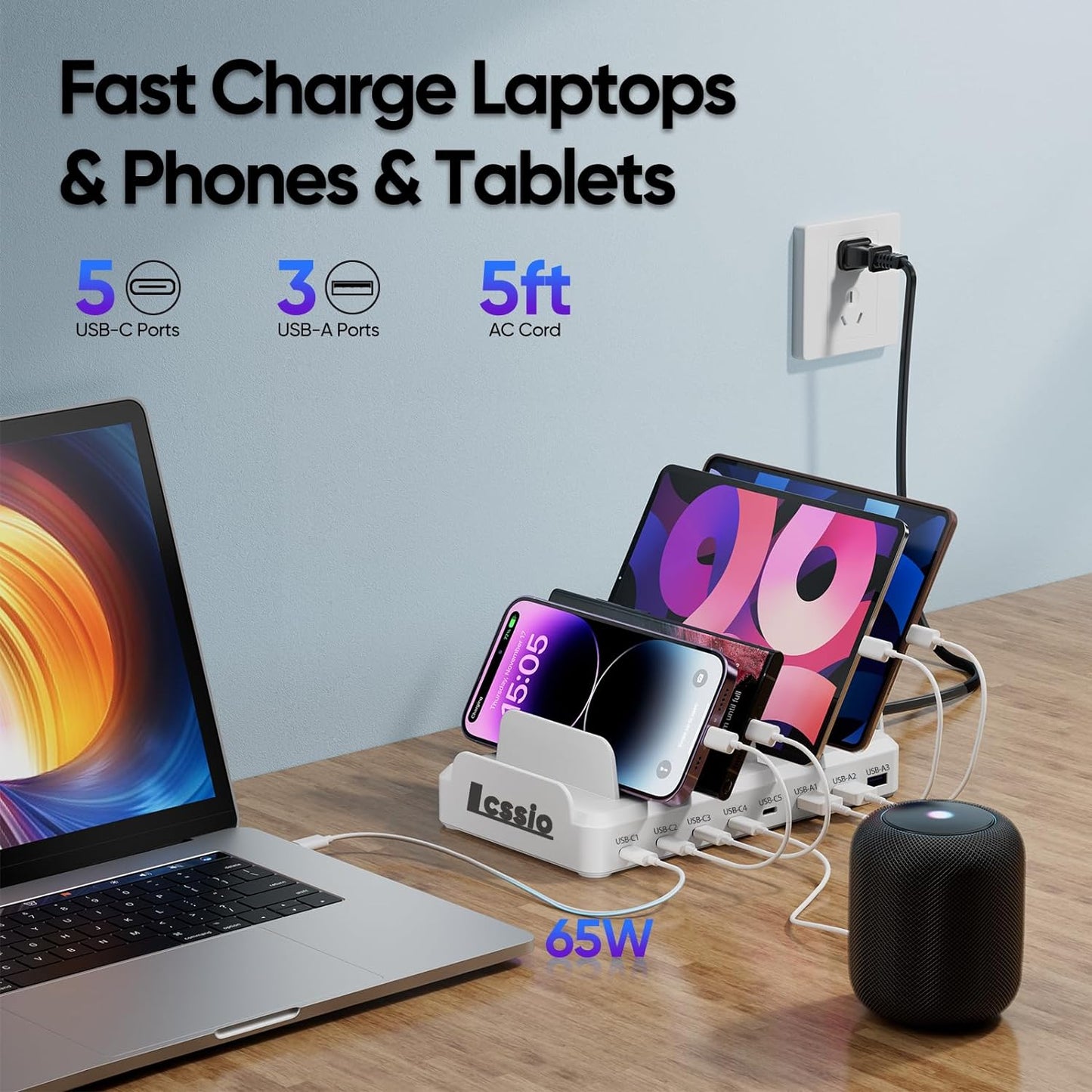Lcssio 300W Charging Station for Multiple Devices, 8 Port Fast Charger | Fast Charging, Safety Certified, Compact Design, Organized Charging, Multiple Devices at Once, With 6 Cables