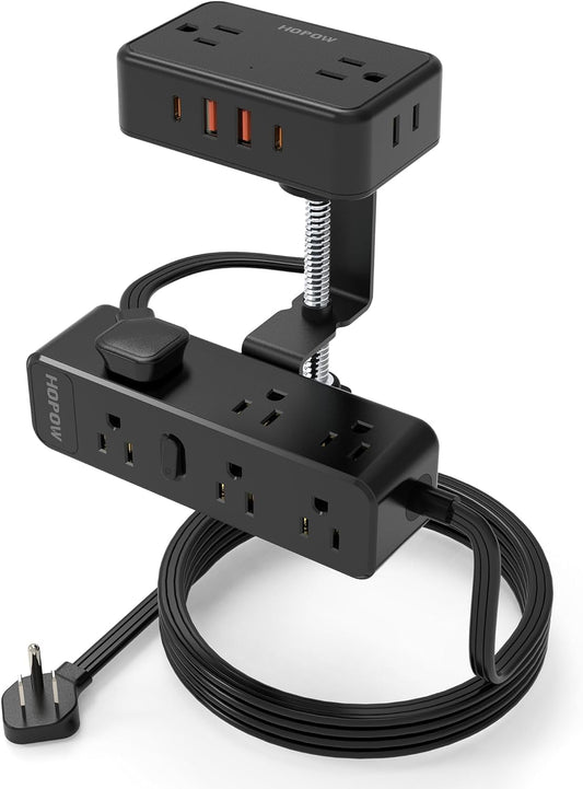 HOPOW Dual Layer Desk Clamp Power Strip, 13 Outlets 4 USB, 10FT Cord, Black