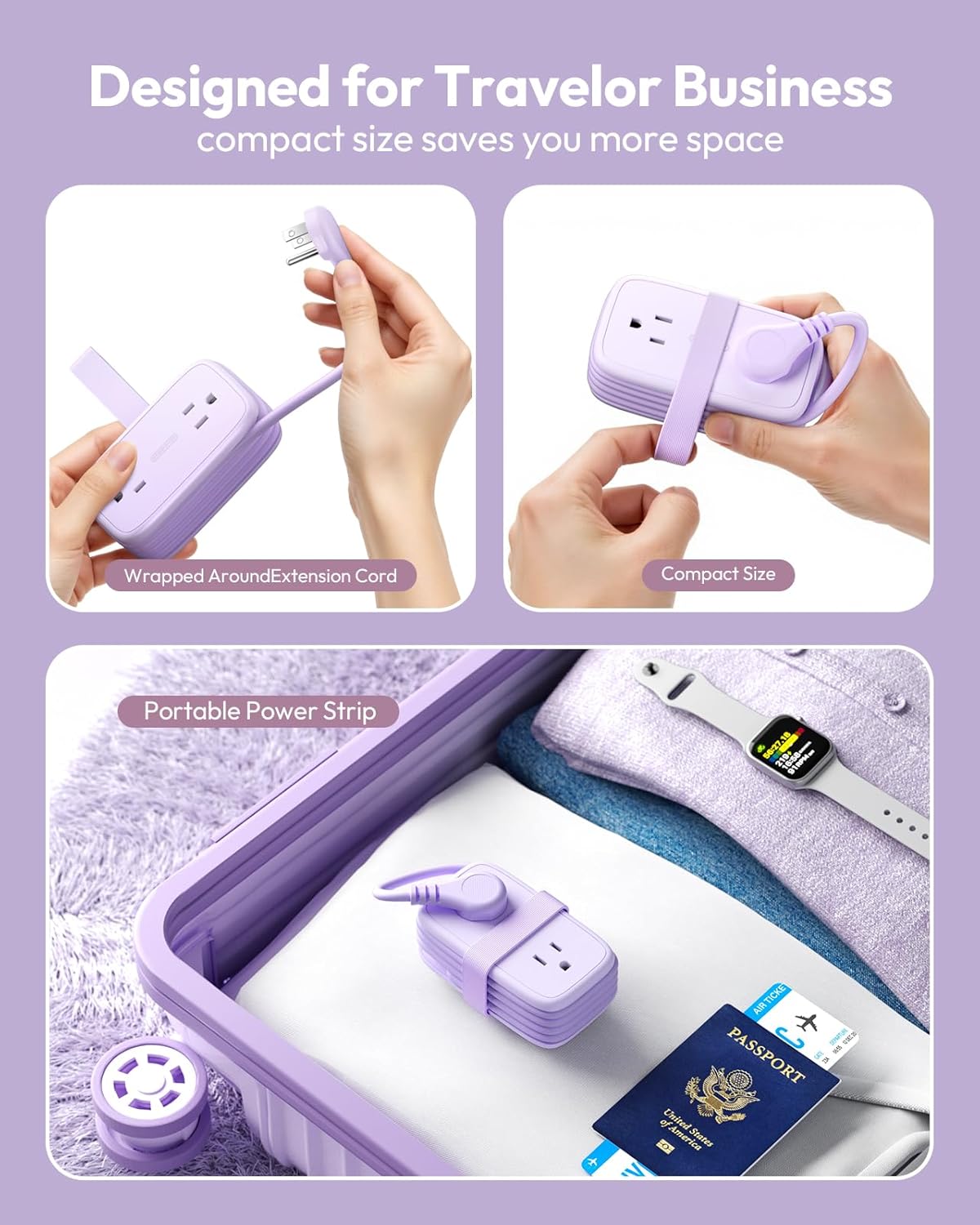 NTONPOWER Purple Travel Power Strip,Travel Essentials 4 Outlets 3 USB(1 C) with 4FT Wrapped Extension Cord Flat Plug, Cruise Essentials 2026 for Hotel Travel Cruise Essentials