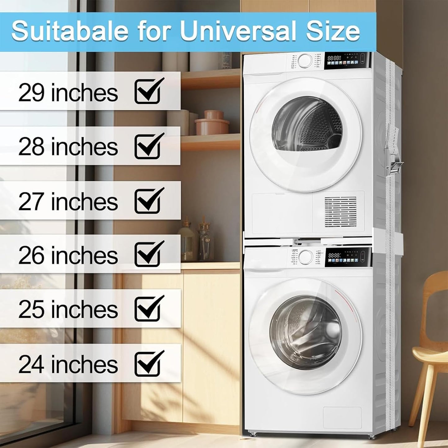 Kiss Core Upgrade Washer Dryer Stacking Kit, Universal Washer Dryer Stacking Kit Adjustable 29/28/27/26/25/24 Inch, Small Space Saving Solution Stacking Kit for Washer and Dryer with Ratchet Strap