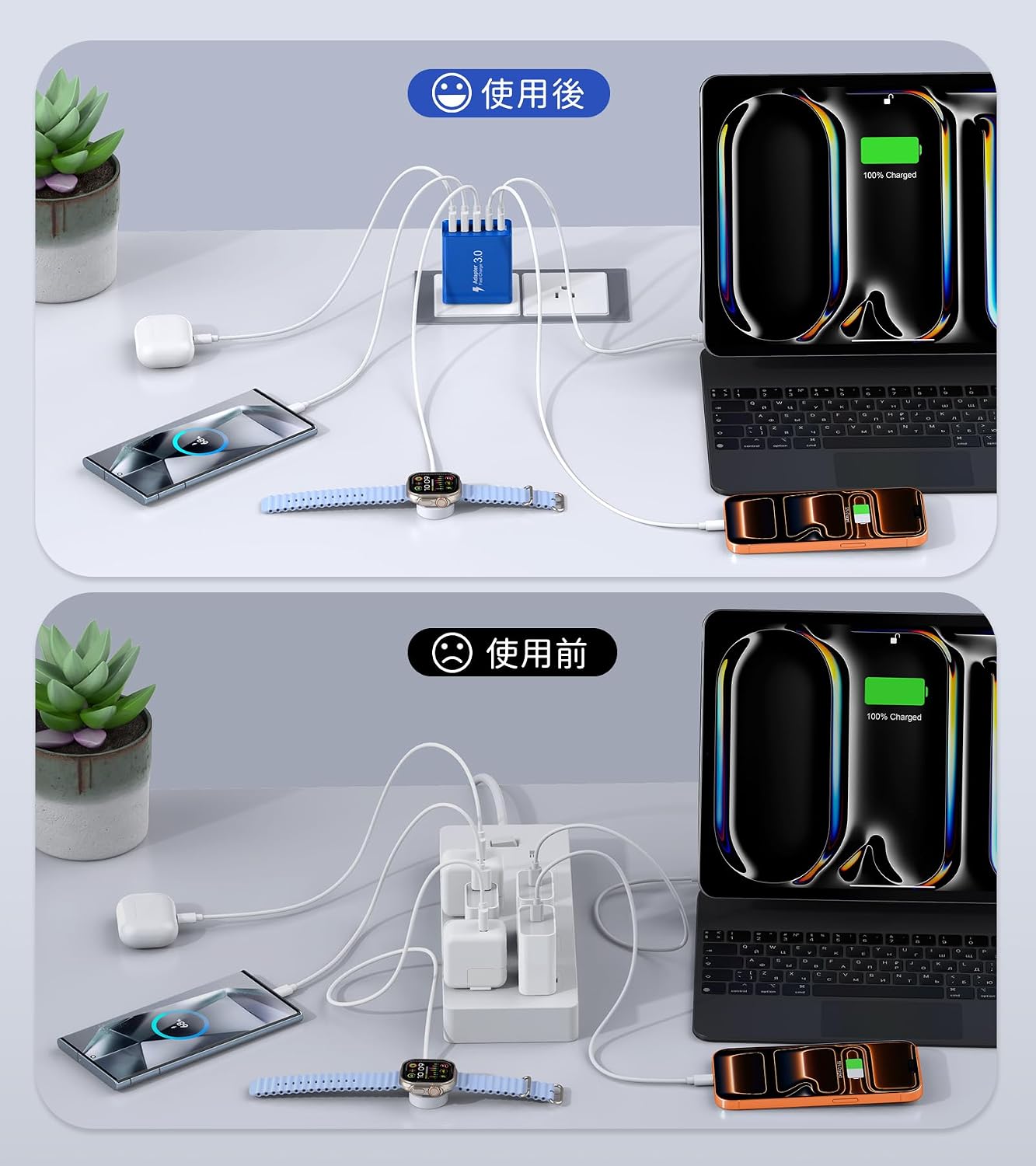 USB C Wall Charger, 50W USB C Charger Block 2-Pack 5-Port PD Fast Charging Blocks,Multiport 2USB C+3USB A Plug,Type C Power Adapter Brick Cube for iPhone 16/15/14/13,Samsung,for Switch（Dark Blue）