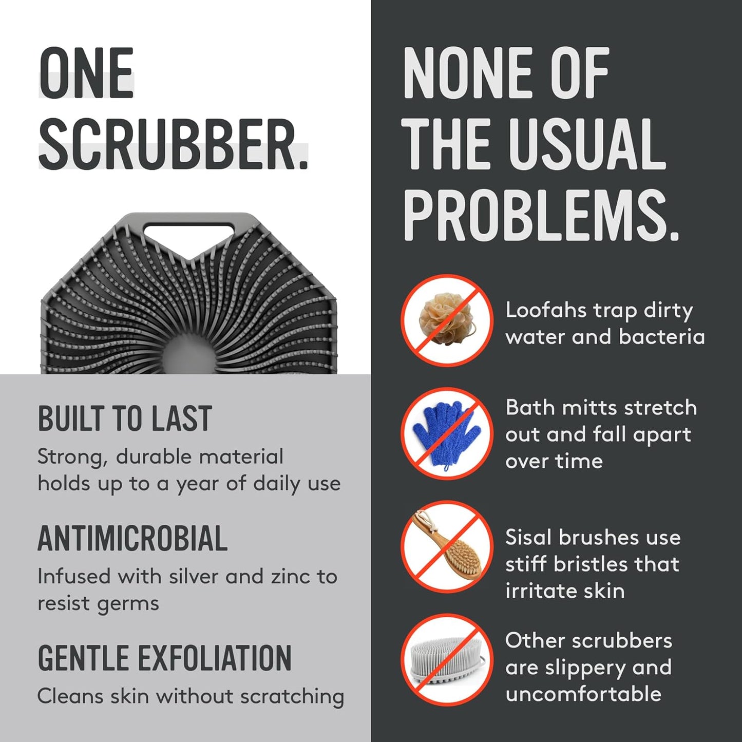 Sud Scrub® Antimicrobial Silicone Body Scrubber, Exfoliating Body Brush for Sensitive Skin, Antibacterial Shower Scrubber for Body, Bathroom Essentials for Men & Women, Charcoal